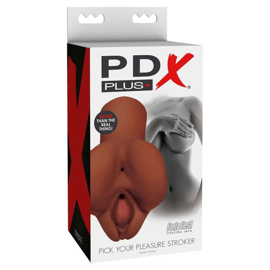 Masturbatore doppio marrone PDX PLUS, modello PDX PLUS+ con dettagli realistici, visibile in primo piano.