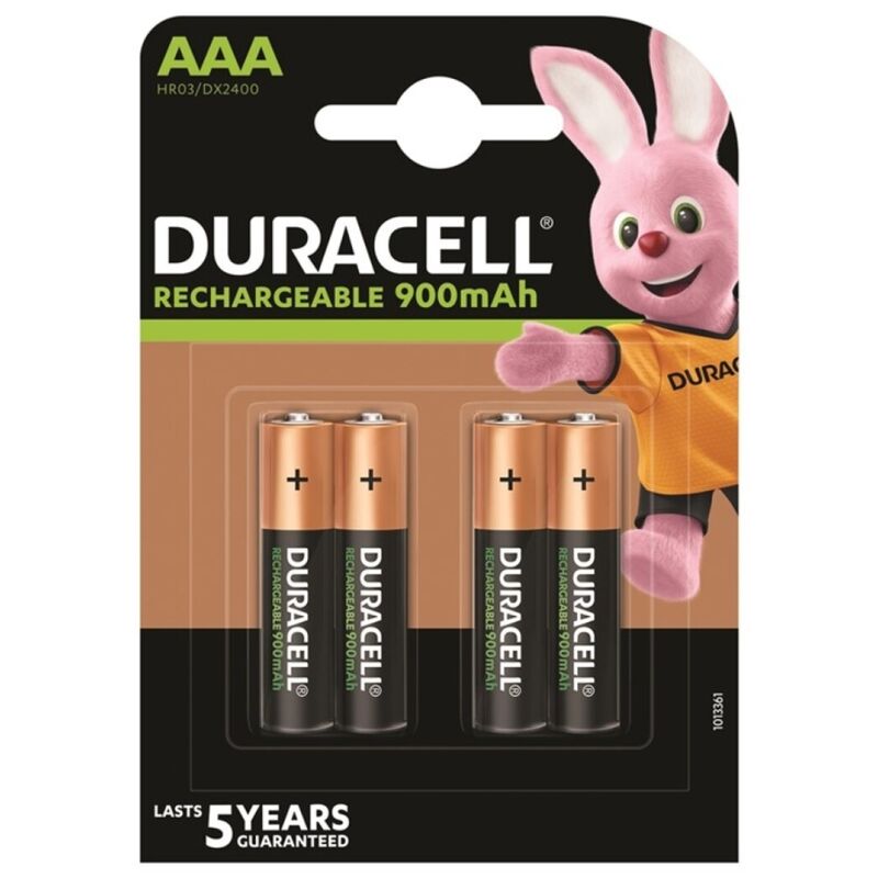 Batterie ricaricabili Duracell HR03 AAA da 900mAh, 4 unità, visualizzate con etichette e terminali in evidenza
