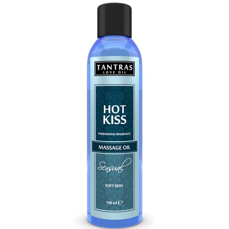 Olio da massaggio INTIMATELINE TANTRAS LOVE, 150 ml, con aroma di bacio caldo, visibile in una bottiglia elegante.