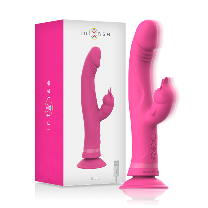 Vibratore Julio Rabbit in silicone rosa di INTENSE FUN, con design ergonomico e dettagli realistici per piacere personale