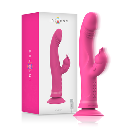 Vibratore Julio Rabbit in silicone rosa di INTENSE FUN, con design ergonomico e dettagli realistici per piacere personale