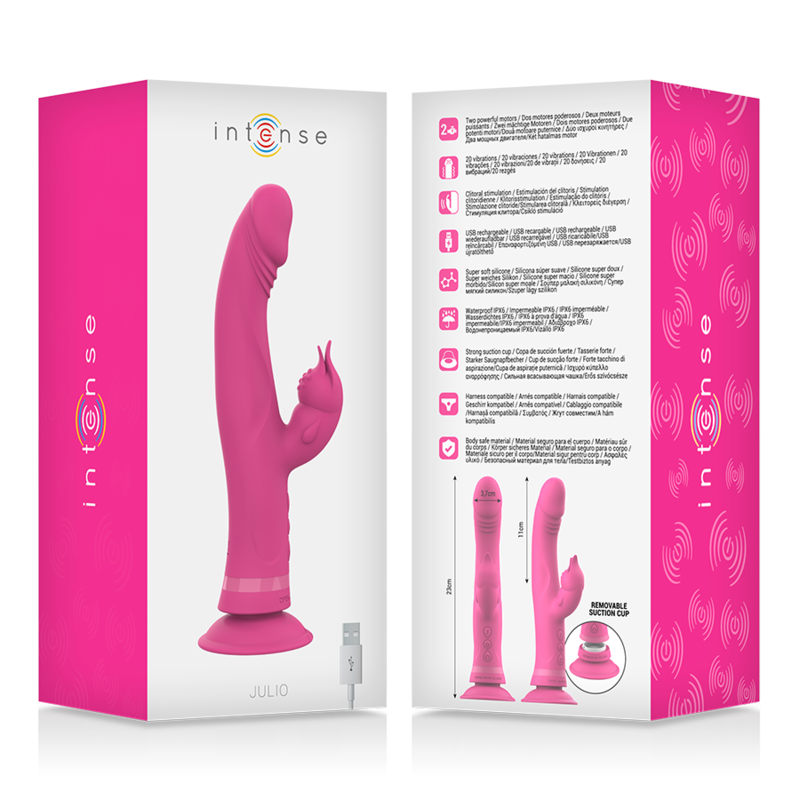 Vibratore Julio Rabbit in silicone rosa di INTENSE FUN, dettagli morbidi e design ergonomico per piacere e stimolazione.