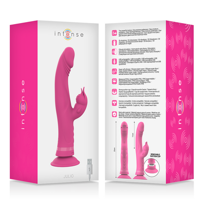 Vibratore Julio Rabbit in silicone rosa di INTENSE FUN, dettagli morbidi e design ergonomico per piacere e stimolazione.