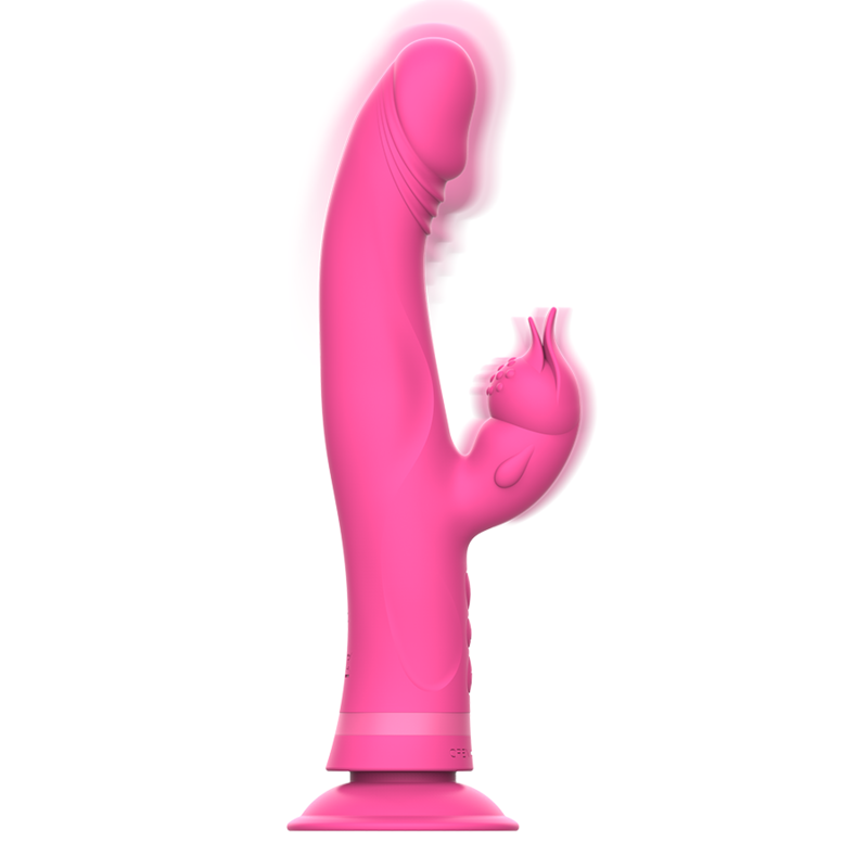 Vibratore rabbit INTENSE Julio in silicone rosa, con forma ergonomica e dettagli realistici, per stimolazione duale.