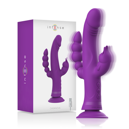 Vibratore in silicone INTENSE Casanova Rabbit con triplo motore, colore viola, design a forma di coniglio con stimolazione tripla