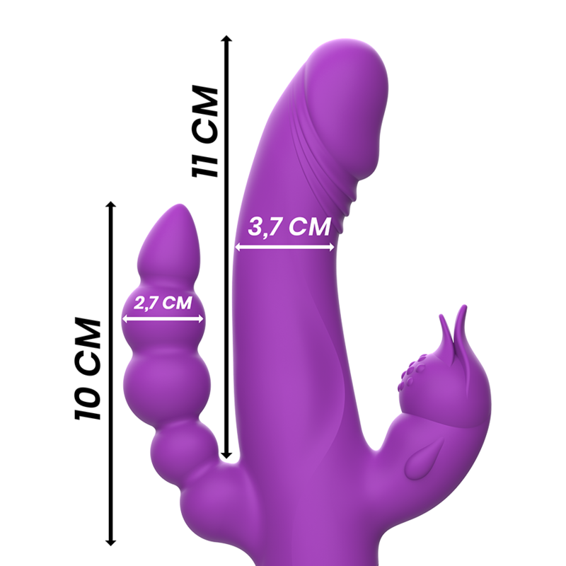 Vibratore in silicone INTENSE Casanova Rabbit con triplo motore, colore viola, design ergonomico e dettagli realistici.