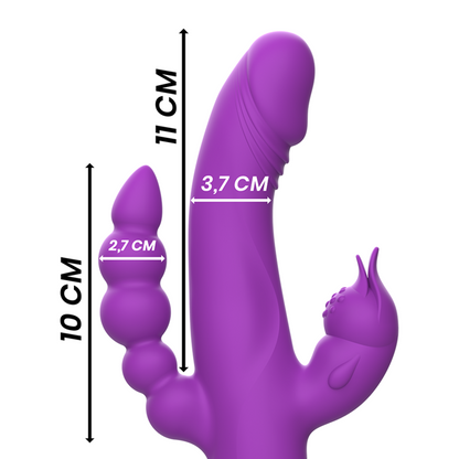 Vibratore in silicone INTENSE Casanova Rabbit con triplo motore, colore viola, design ergonomico e dettagli realistici.
