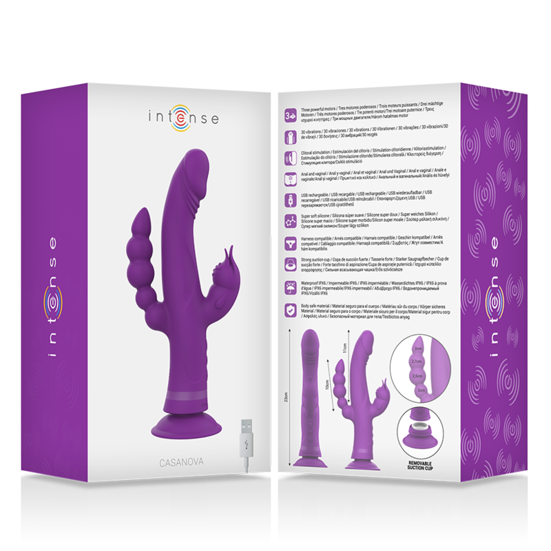 Vibratore in silicone viola INTENSE Casanova Rabbit con triplo motore, design dettagliato e forma ergonomica.