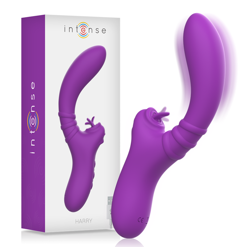 Vibratore flessibile INTENSE Harry con lingua viola, stimolatore per piacere, design ergonomico e dettagli colorati.