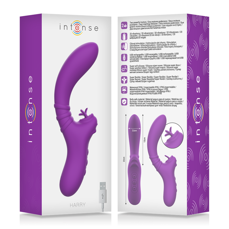 Vibratore flessibile Harry con lingua viola del marchio INTENSE FUN, dettagli colorati e design ergonomico.