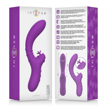 Vibratore flessibile Harry con lingua viola del marchio INTENSE FUN, dettagli colorati e design ergonomico.