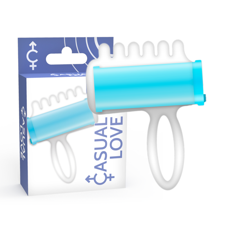 Stimolatore a dita casual love blu, dispositivo di massaggio compatto e morbido per il piacere personale, immagine frontale.