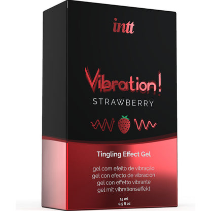 Gel vibrante stimolante intimo alla fragola INTT, flacone da 15 ml, con etichetta colorata e dettagli del prodotto visibili.