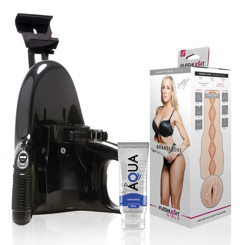Fleshlight Brandi Love vagina con lancio universale e lubrificante Aqua 50 ml, dettaglio interno realista e accessori inclusi
