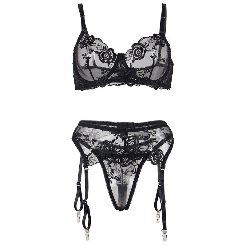 Set intimo SUBBLIME con reggiseno, perizoma e ghirrettiera con stampa floreale nera, taglia S/M, dettagli eleganti e femminili.