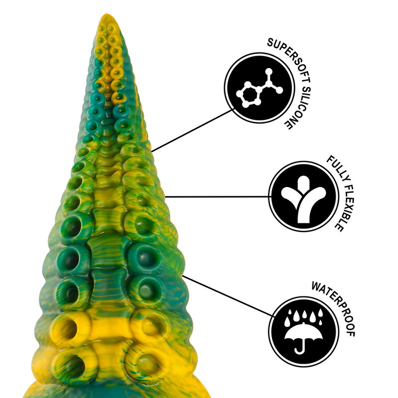 Dildo tentacolo verde Cetus di grandi dimensioni del marchio EPIC, dettagliato e realistico, con texture a tentacolo.