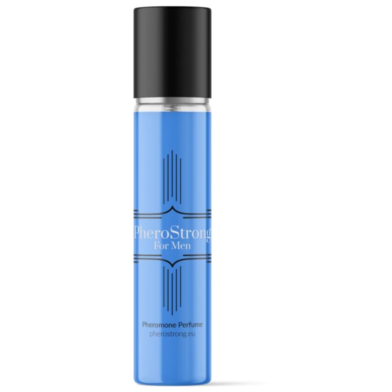 Profumo ai feromoni per uomo Pherostrong in flacone da 15 ml, bottiglia con etichetta e tappo nero.