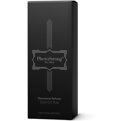 Profumo ai feromoni per uomo Pherostrong in flacone da 15 ml, con bottiglia e spray visibili nell'immagine.