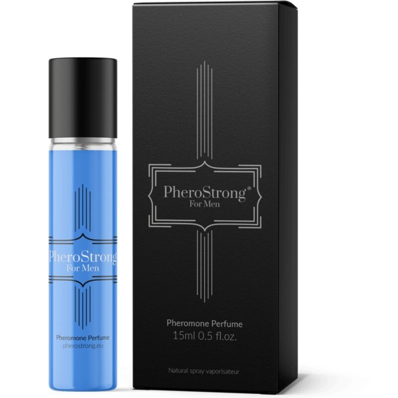 Profumo ai feromoni Pherostrong per uomo in flacone da 15 ml, con bottiglia e etichetta visibile.