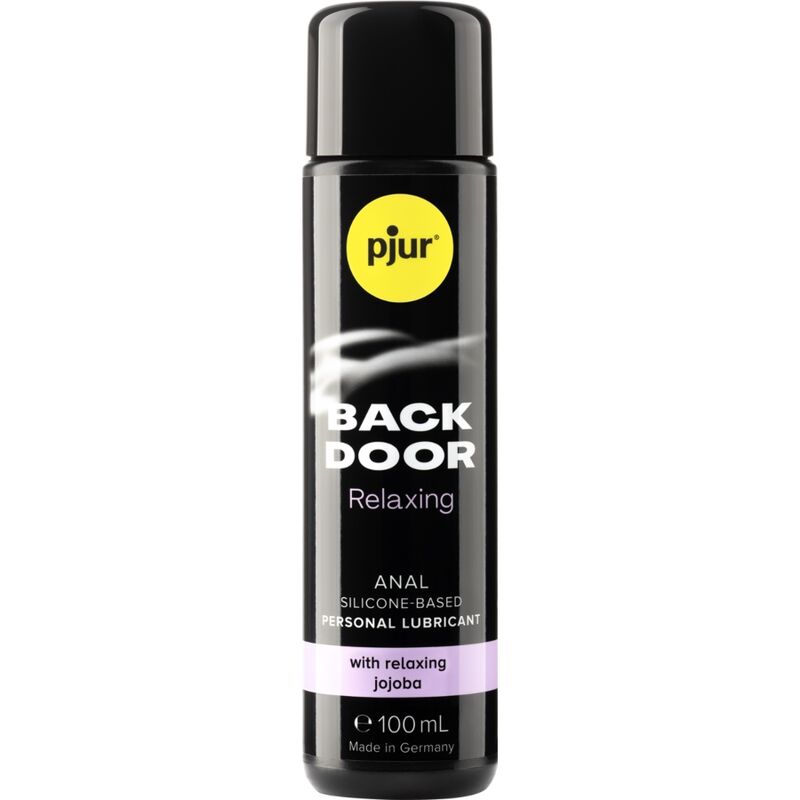 Lubrificante anale PJUR Back Door relaxante con jojoba, bottiglia da 100 ml, mostra il flacone e l'etichetta del prodotto