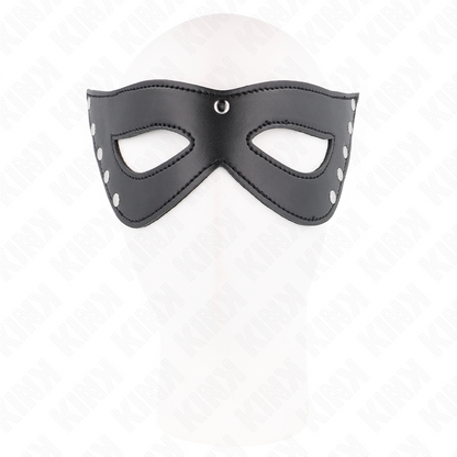 Maschera per occhi KINK Masked Allure con 5 rivetti, misura 28x8 cm, in pelle nera con dettagli metallici.