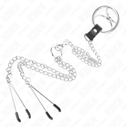 KINK - ANELLO PER PENE IN METALLO CROMATO TRIPLO DA 3 CM A 4,5 CM CON CATENA IN METALLO DA 26 CM E CLIP PER CAPEZZOLI