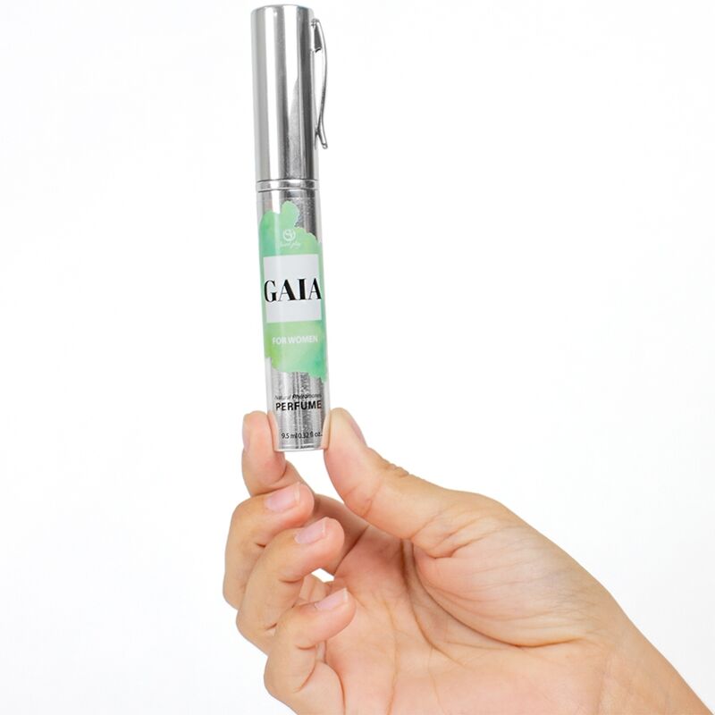 Profumo naturale SECRETPLAY Gaia Feromoni da viaggio per donna, 10 ml, bottiglia compatta con etichetta e spray.