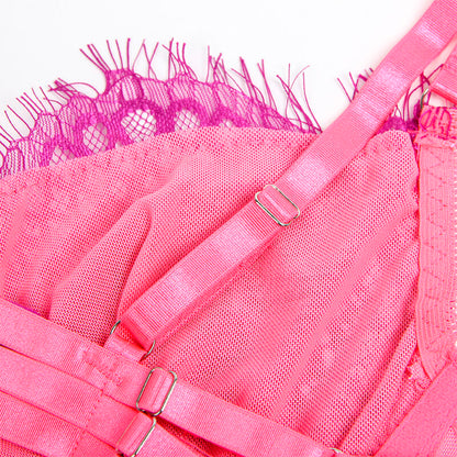 SUBBLIME - 955366 COMPLETO REGGISENO CON PIZZO E LINEE DI GIARRETTIERA ROSA E VIOLA L/XL