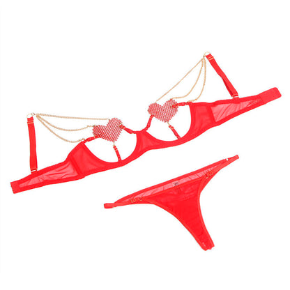 SUBBLIME - 955519 COMPLETO REGGISENO CON CATENE E CUORE IN RETE ROSSO S/M