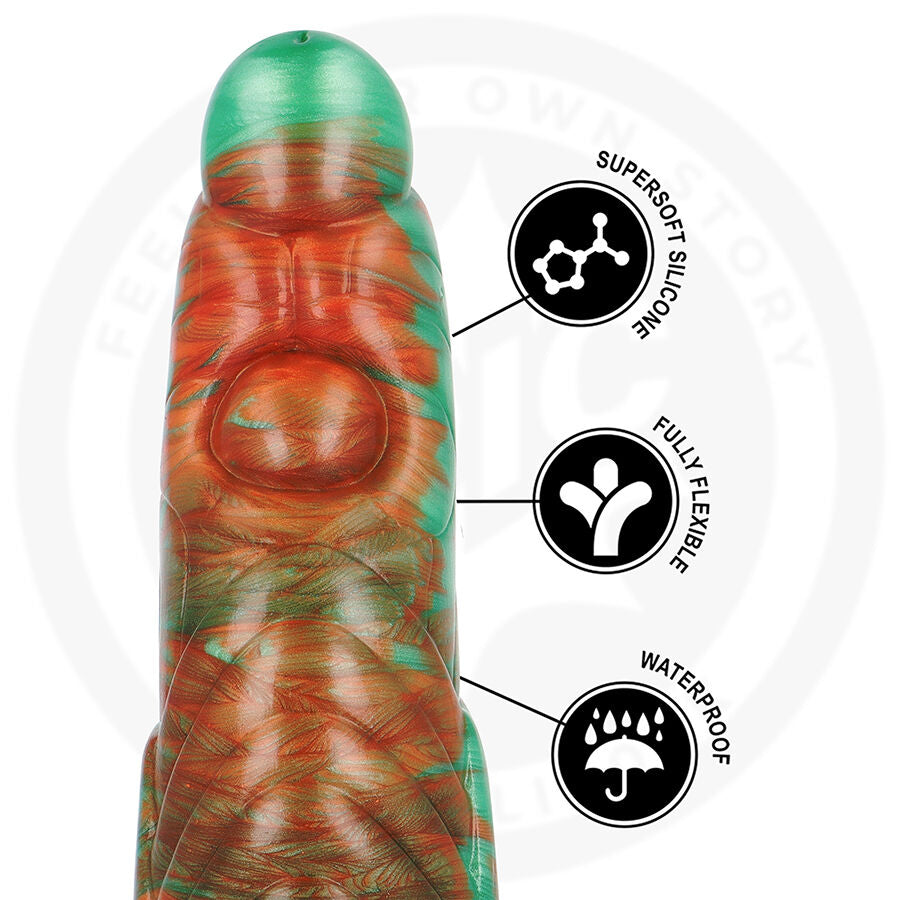 Dildo verde EPIC Tiryón Flash con superficie dettagliata, realizzato in materiale sicuro, ideale per piacere personale.