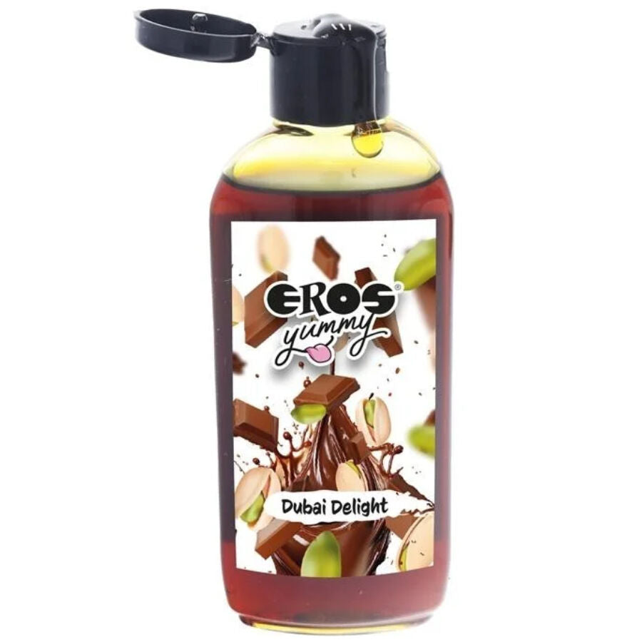 Lubrificante EROS Yummy Dubai Delight al pistacchio e cioccolato, 100 ml, bottiglia con etichetta colorata e tappo.