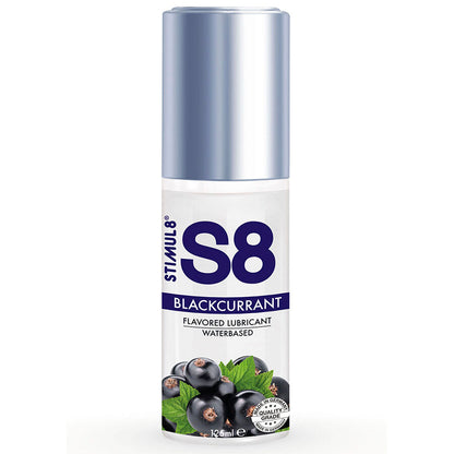 Lubrificante al mirtillo STIMUL8 S8, bottiglia da 125 ml con etichetta illustrativa e dettagli del prodotto sul packaging