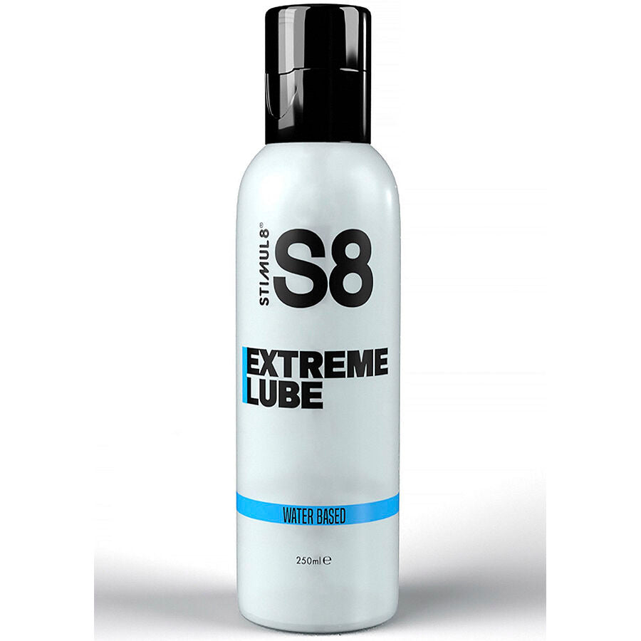 Lubrificante a base d'acqua STIMUL8 S8 Extreme da 250 ml, bottiglia con etichetta blu e contenuto trasparente, in primo piano.