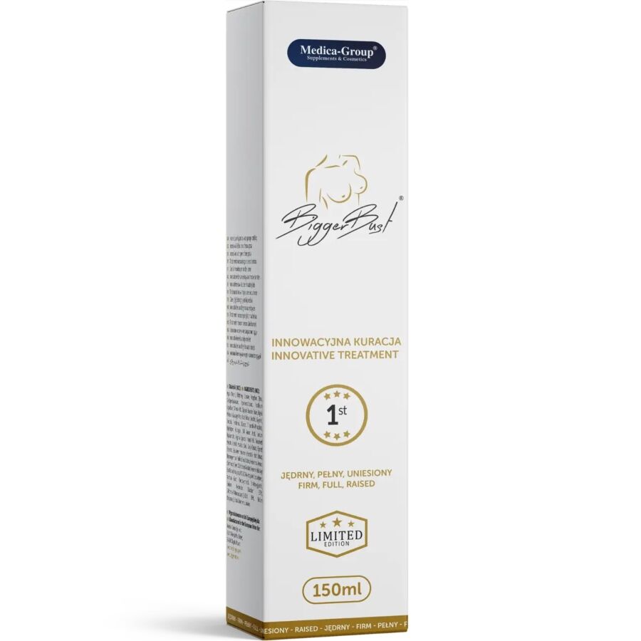 Siero MEDICA GROUP per aumentare il volume del seno, contenuto da 150 ml, in bottiglia con etichetta bianca e applicatore.