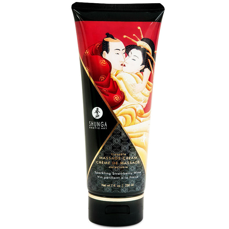 Crema da massaggio alla fragola e cava SHUNGA MASSAGE CREAM in tubetto da 200 ml, con fragola e cava visibili in etichetta