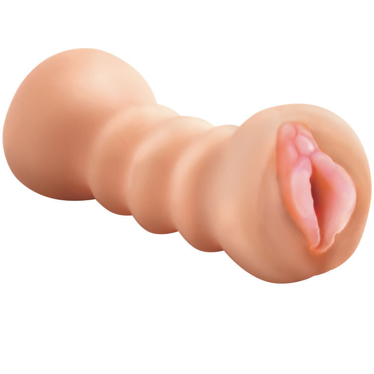 Capovolgimi sul masturbatore EXTREME TOYZ, dettaglio del dispositivo in silicone nero con parti interne visibili.