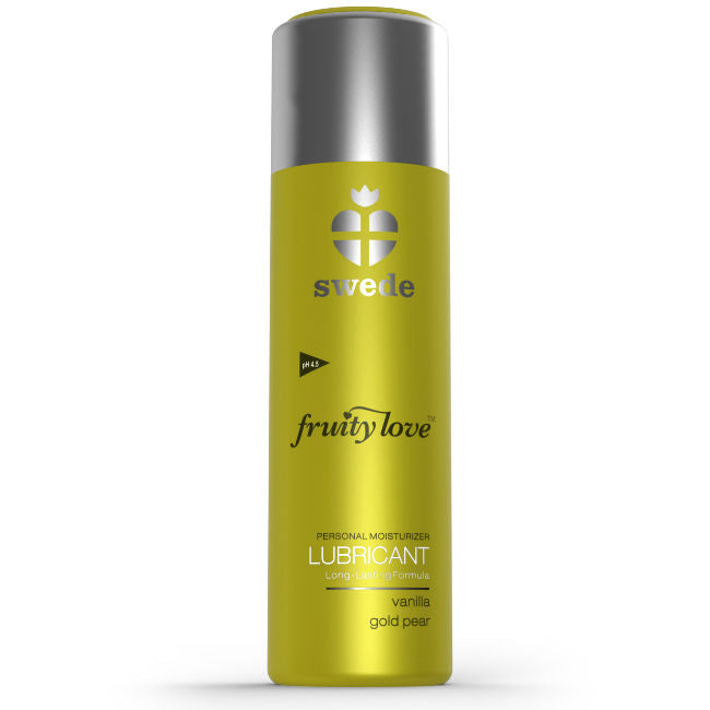 Lubrificante SWEDE Fruity Love Vaniglia Gold Pera, bottiglia da 100 ml con etichetta dorata e fragranza alla pera e vaniglia