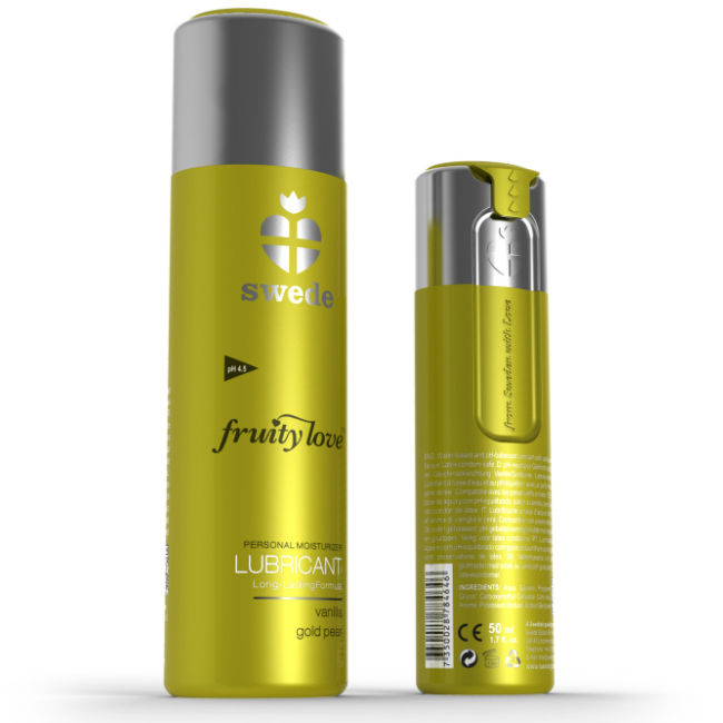 Lubrificante Sweetie Fruity Love Vaniglia Gold Pera di SweDe, flacone da 100 ml con etichetta colorata e design elegante