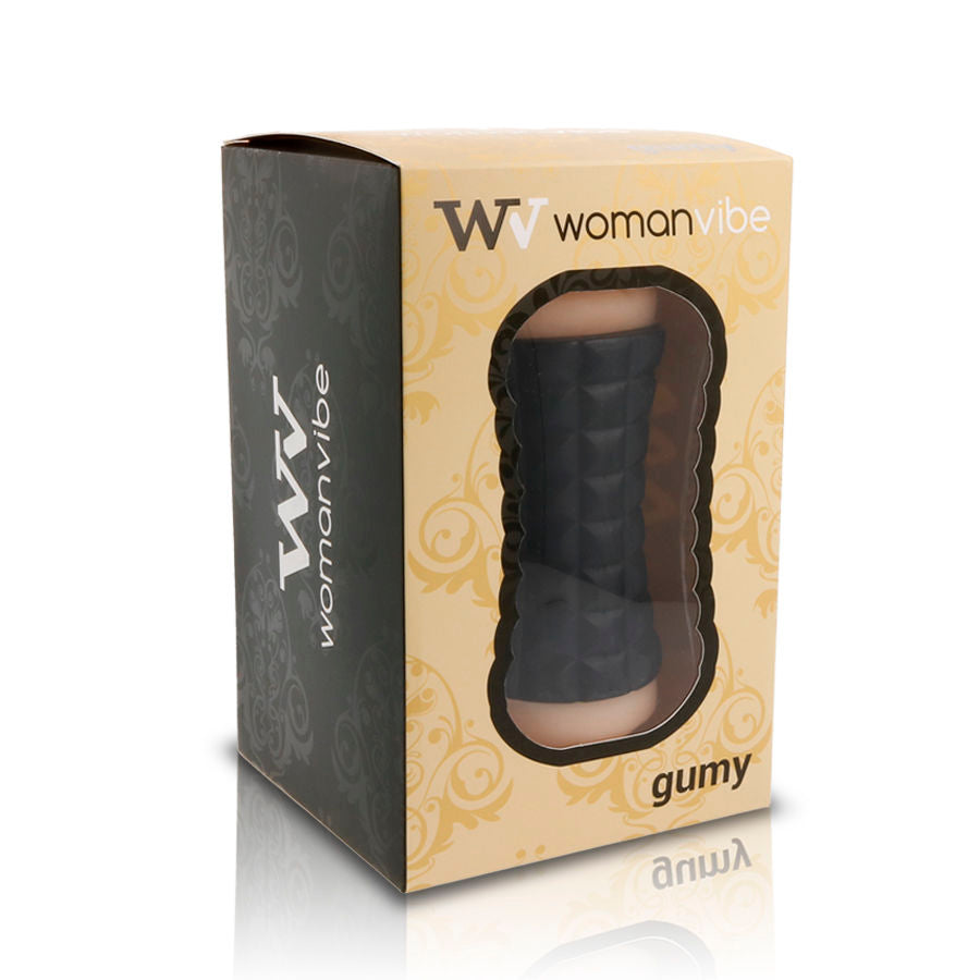 Masturbatore doppio gommoso WOMANVIBE, design compatto e dettagli realistici, ideale per piacere femminile.