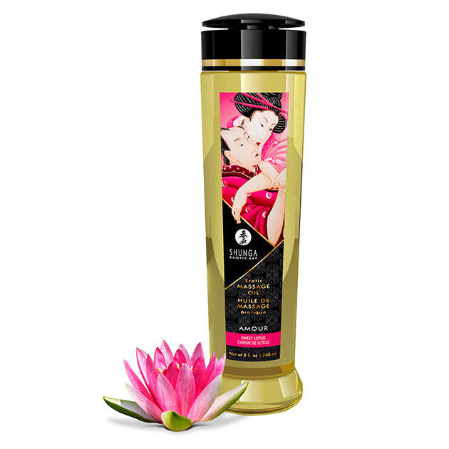 Olio da massaggio erotico Shunga Oils, 240 ml, bottiglia con etichetta nera e dettagli eleganti, ideale per massaggi sensuali