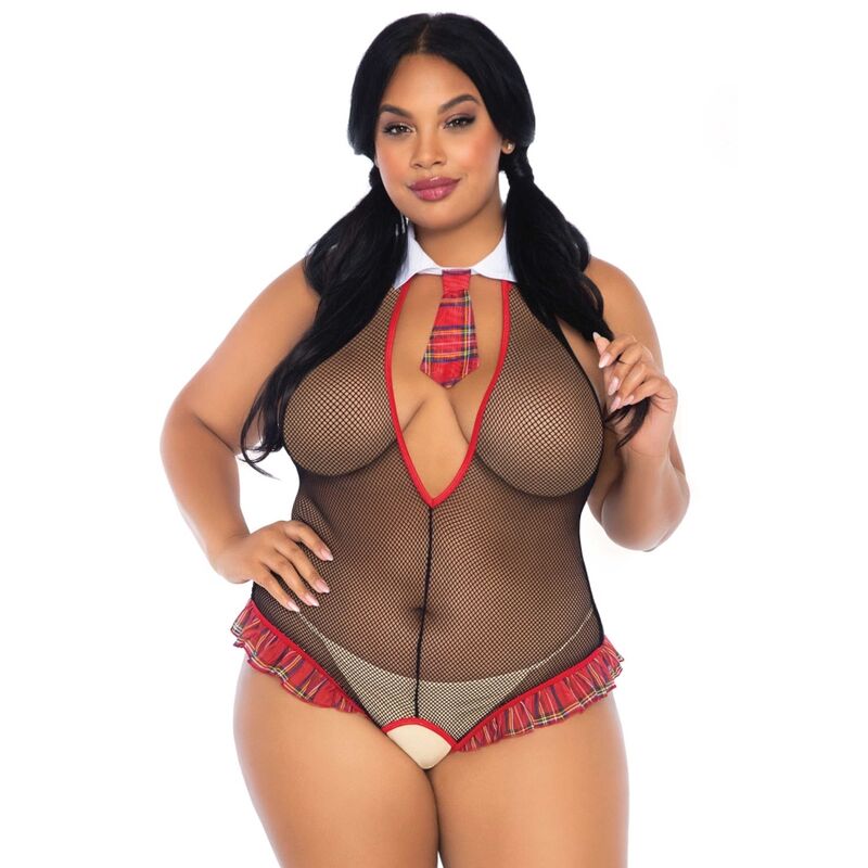 Body a tuta fitness scolastica senza slip di LEG AVENUE Teddies, modello teddy plus taglia, in tessuto nero e dettagli aderenti.