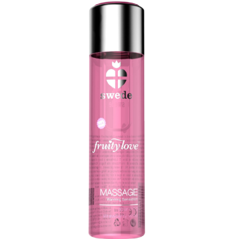 Olio da massaggio SWEDE Fruity Love con aroma di fragola, 120 ml, bottiglia con etichetta colorata e tappo.