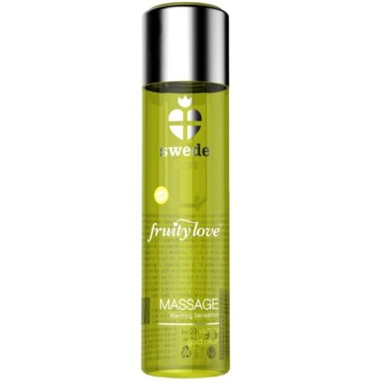Olio da massaggio SWEDE Fruity Love con effetto riscaldante, vaniglia e pera oro, bottiglia da 60 ml.