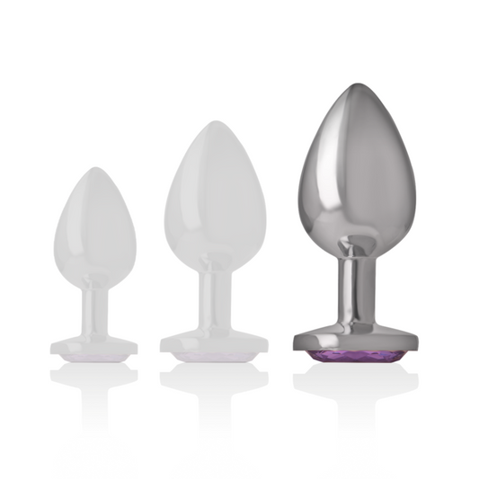 Plug anale in metallo alluminio con cristallo viola, misura L, marchio INTENSE ANAL TOYS, design elegante e resistente.