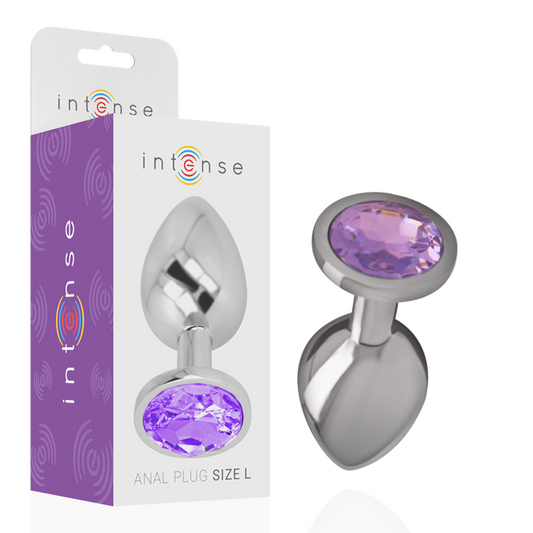 Plug anale in metallo alluminio con cristallo viola, misura S, prodotto da INTENSE ANAL TOYS, visibile in dettaglio in immagine.