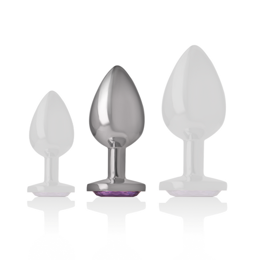 Plug anale in metallo alluminio con cristallo viola, taglia M, marca INTENSE ANAL TOYS, dettagli lucidi e riflettenti.