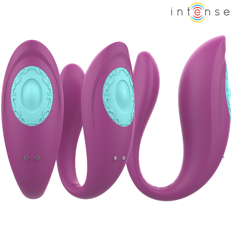 Vibratore e stimolatore a forma di U viola del marchio INTENSE COUPLES TOYS, telecomando incluso, con dettagli eleganti.
