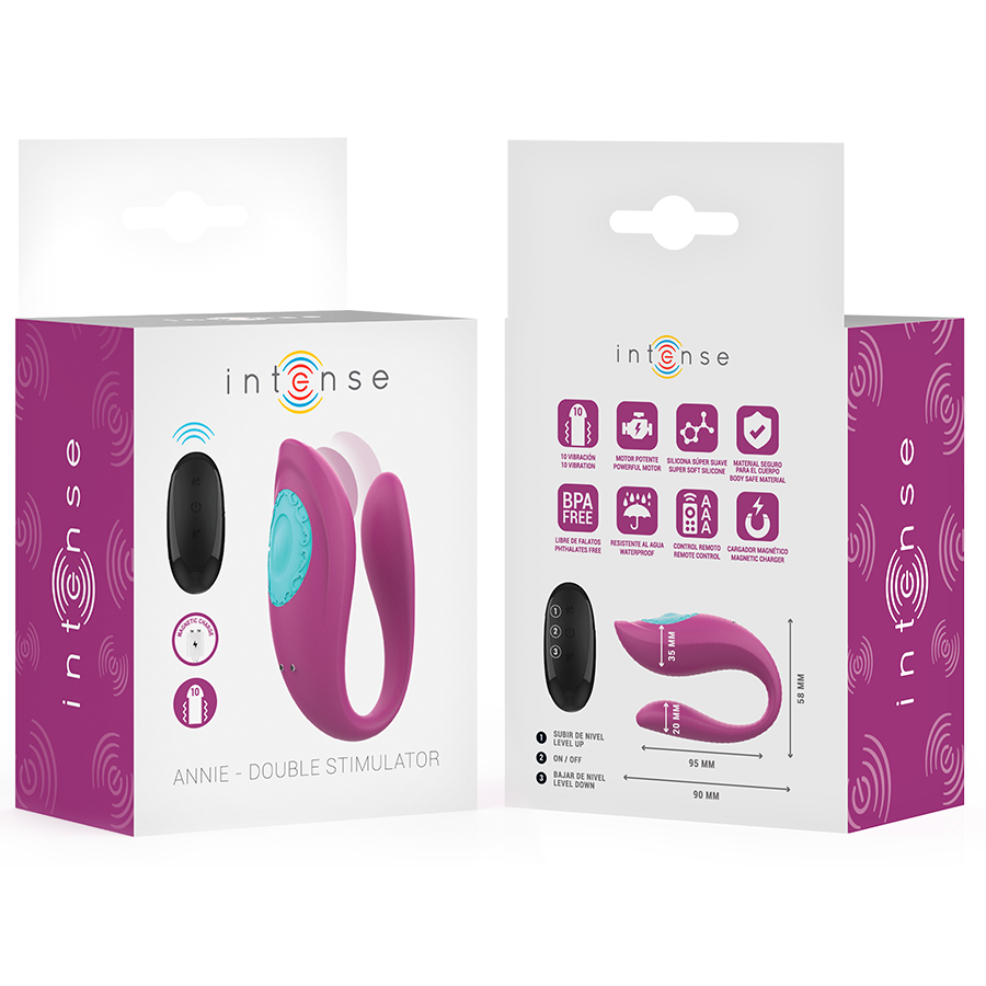 Vibratore e stimolatore a forma di U viola INTENSE Annie con telecomando, prodotto per adulti, brand INTENSE COUPLES TOYS.