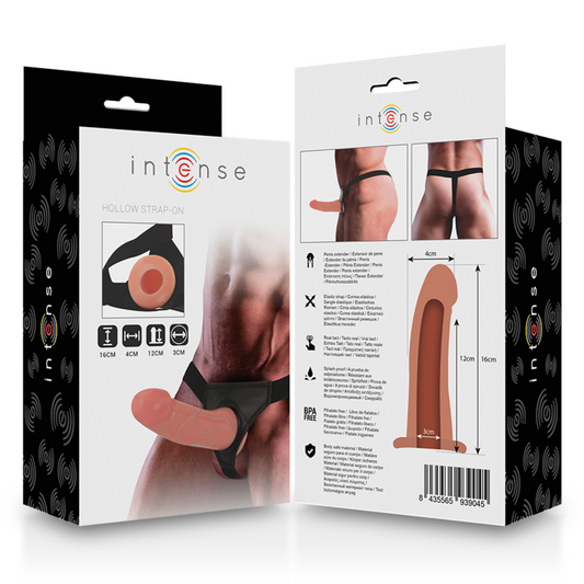 Imbracatura cava INTENSE con dildo di 16x3 cm, silicone nero, per coppie, con cinturini regolabili e chiusura sicura.