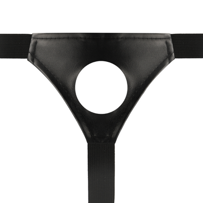 Imbracatura cava INTENSE COUPLES TOYS con dildo da 16x3 cm, mostrata indossata e pronta all'uso.